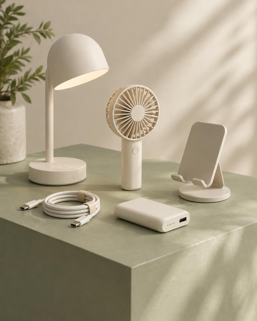 A collection of small electronics: desk light, mini fan, phone stand, cable and power bank
